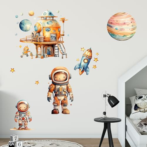 GRAZDesign Wandtattoo Astronaut Set Wandsticker Kinderzimmer Junge Planeten Weltall Raumstation COOL (100x100cm)