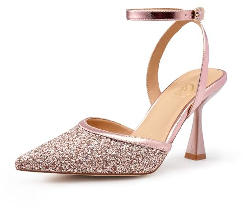 Trary Heels Women Pumps Closed Toe Ankle Strap Pointed Toe Heeled Sandals for Women Stiletto Wedding Dress Shoes, Rose Gold, 6.5 UK