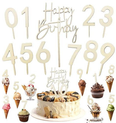 SPOKKI 10pcs Cake Topper, Tortendeko Zahlen Holz 0-9 + Happy Birthday Tortendeko, Cupcake Kuchen Deko Wiederverwendbar Holzzahlen Kuchen Topper für Geburtstagsfeiern Liefert Jahrestag