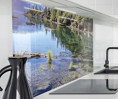 timalo Spritzschutz Wand für Herd, Küche Küchenrückwand Glasoptik | Acryl Glas 2mm | Glasrückwand Acrylglas Wandpaneele Rückwandschutz Platte | 160x50cm Gletscher See Wald Kanada