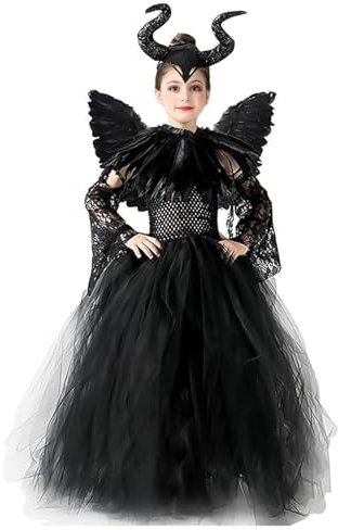 KUJAIS Maléfique Deguisement Halloween Fille: Maleficent Costume Enfant - Méchante Reine Robe avec Corne Et Ailes Noires Cape Ensemble pour Halloween Carnaval Cosplay Tenue De Fête (XL (135-155cm))