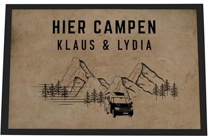 Fußmatte Wohnmobil personalisiert – Camping Fußmatte mit Namen & Bergmotiv, rutschfest & waschbar, 2 Größen