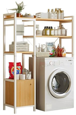 Estantería Superior para Lavadora | Estante Organizador de Baño Ahorra Espacio | Mueble de Almacenamiento para Cuarto de Baño | Estante con 3 Baldas, 1 Cajón y 1 Barra Toallero. | Madera E1 y Acero.