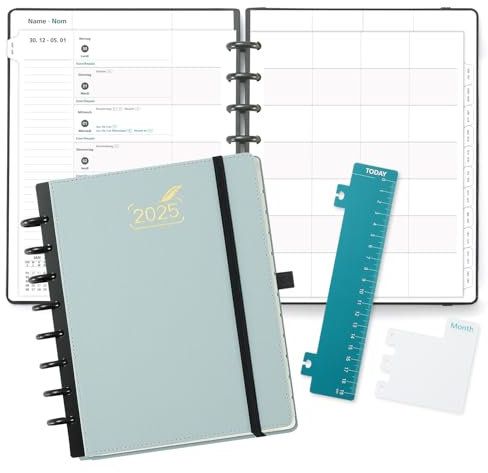 BEZEND Familienplaner 2025 mit 6 Spalten, 18.9 x 24.1 cm, Family-Timer mit 12 Monate: Jan bis Dez 2025, Disc-Bindung & PU-Leder Hardcover, 100gsm, Aquamarin
