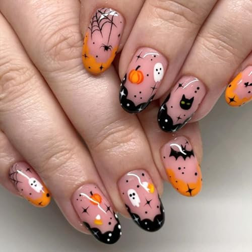 24PCS Halloween False Nails - Festival Elements Press on Nails - Short Almond Pumpkin Spider False Nails with Glue - Glossy Full Cover Cartoon Fake Nails Long Lasting Nail DIY