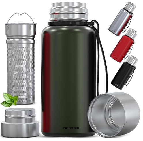 Bouteille infuseur à thé et tasse double paroi en acier inoxydable 304 - Thermos thé avec infuseur 600 ml avec filtre extra-long. Profitez de votre thé parfait, où que vous soyez. (Vert nuit)