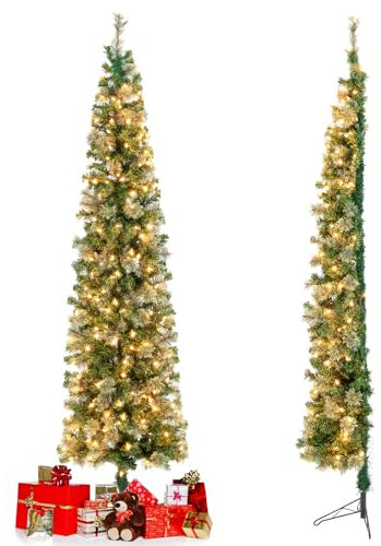 KOMFOTTEU 210 cm Árbol de Navidad Artificial con 150 Luces LED, Árbol Navideña con Soporte de Metal, Árbol Decorativo de Navidad con Ramas de PVC, para Hogar, Tiendas, Oficina (403 Ramas)