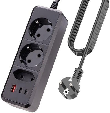 ATUECHUE 6 in 1 Steckdose Mehrfachsteckdose USB C dreifachsteckdose, USB Mehrfachstecker mit 2 USB C und 1 USB A, Home & Office Steckdosenverteiler, Schuko Steckdosenleiste für die Wandmontage, 1,5 m