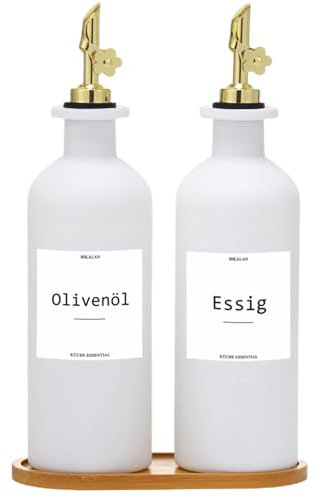 BIKALAN Essig und Ölflaschen Set, 500ml x 2 Ölflasche, Olivenöl Flasche Set, Ölspender, Automatisches Öffnen und Schließen Olivenöl Flasche, mit 22 Aufkleber, Trichter