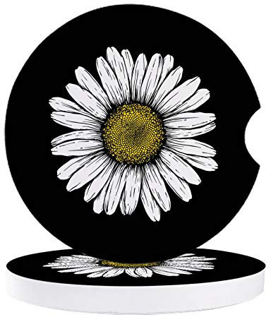 Vibiliyou A 2-Pack of Ceramic Car Coasters,Designed to Fit Most Car Cup Holders and a Floral Illustration of White and Yellow Daisies on a Black Background,Includes a Finger Notch for Easy Remova