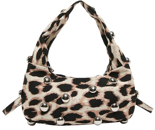 Fiorky Borsa a tracolla da donna con stampa leopardata con borchie Tracolla regolabile Borsa a tracolla con stampa leopardata Borsa a tracolla con borchie Borsa da esterno femminile (Khaki)