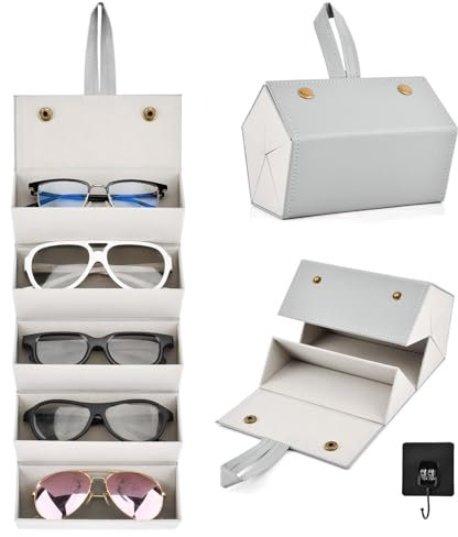 5 Slots Travel Sunglasses Organizer for Women Men, Foldable Travel Sunglass Case With Hook, Portable Glasses Storage Box, PU Leather Glasses Hanging Display Box for Home Travel(Grey)