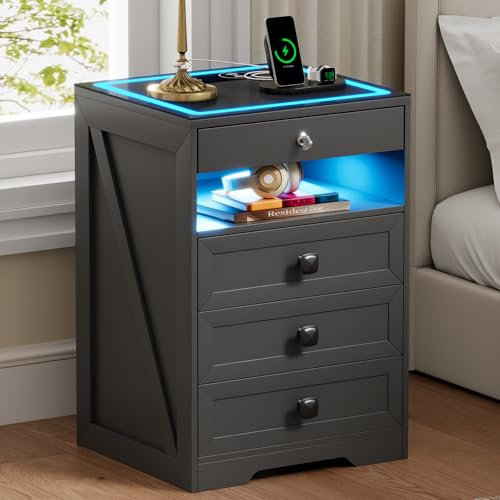 yoofun LED Bedside Table with Wireless Charging Station, Smart Bed Side Table with 4 Drawers, Lockable Nightstand with Type-C USB, Farmhouse Storage Cabinets Bedroom Living room (Grey)