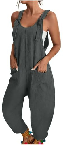 Women's Summer Stretch Overalls Oversize Casual Plain Wide Leg Jumpsuit Sleeveless Bib Shorts with Large Pockets Casual Loose Bib Pants Overall Baggy Summer Trousers Work Dungarees, Grey (grey 1), M