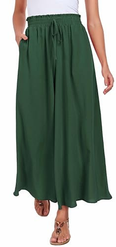WUWUSKY Sommerhose Damen Leicht Lässige Palazzo Hose Elegant High Waist Baggy Freizeithose mit 2 Taschen,Dunkelgrün,M