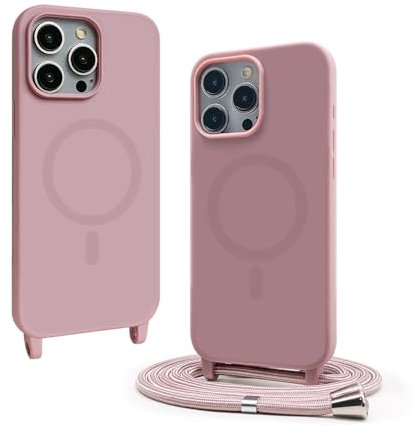 VAVAVOOMY Handykette Hülle für iPhone 15 Pro(6.1) mit Band Halsband Lanyard (abnehmbar) Handyhülle, Verstellbarer Lanyard.Magnetisch Stoßfest Silikonhülle Wireless Charging kompatibel .-Rosa