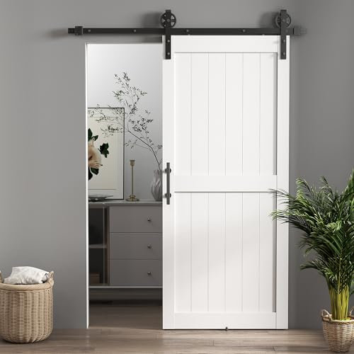 HOMCOM 213 cm Porta Scorrevole in Stile Country con Binario e Maniglia, Porta da Interno in MDF e Acciaio con Accessori di Montaggio Inclusi, Bianco e Nero