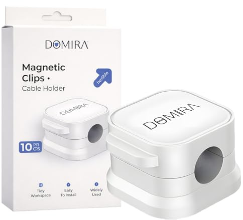 DOMIRA 10 Magnetic Cable Holder Clips – Desk Cable Tidy & Charger Cable Organiser – Magnetic Door Clip for Wire Management – 6 Colours – Self Adhesive Clip for Desk Cable Organizer (White)