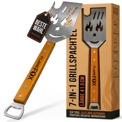 FlameFox BBQ Grillspachtel 41,5 cm – Edelstahl Grillwender mit Holzgriff, Flaschenöffner & Schneidekante – Grillbesteck für Grillliebhaber, Geschenkidee für Männer