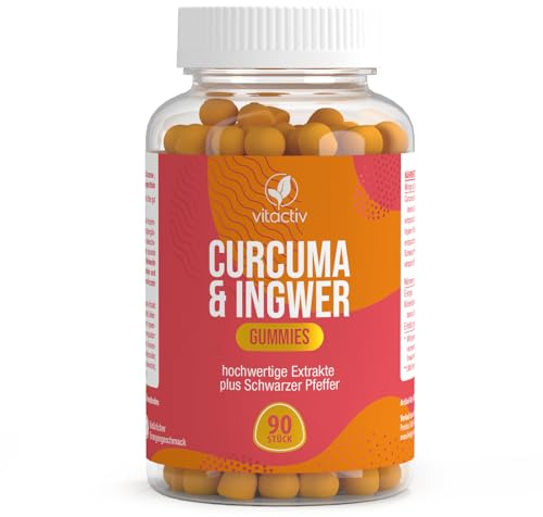 VITACTIV Curcuma & Ingwer Gummies mit Orangengeschmack, 90 Fruchtgummis | Hochdosiert, 1 Gummi täglich, zuckerfrei und ohne Gelatine, 100 mg Extrakt mit 95 % Curcuminoiden je Tagesportion