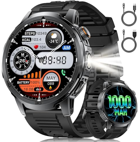 Reloj Inteligente Hombre, Pantalla Grande de 1,85/Llamada Bluetooth/1000mAh/Torcha LED, Smartwatch Hombre con Frecuencia Cardíaca/Sueño/IP68/110+ Modos Deportivos Android iOS, Negro-Silicona