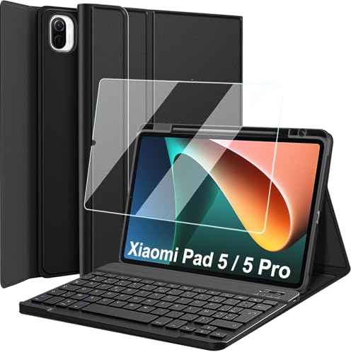 Nanhent Clavier Coque + Verre Trempé pour Xiaomi Pad 5 / Xiami Pad 5 Pro 11 Pouces 2021, AZERTY Français Amovible Bluetooth sans Fil Clavier Étui Housse avec Protection écran