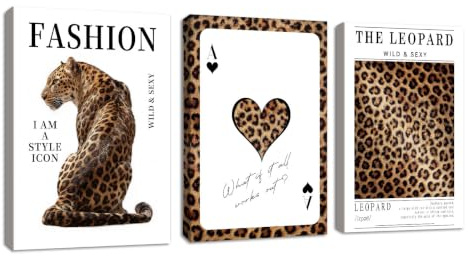 3 Pcs Trendy Braun Leopard Leinwand Bilder Mit Rahmen, Modern Funky Pik-Ass Bild Auf Leinwand Wandkunst Ästhetisch Gepard Mode Wandbilder Wanddeko Deko für Wohnzimmer Schlafzimmer Küchen 50X70cmX3