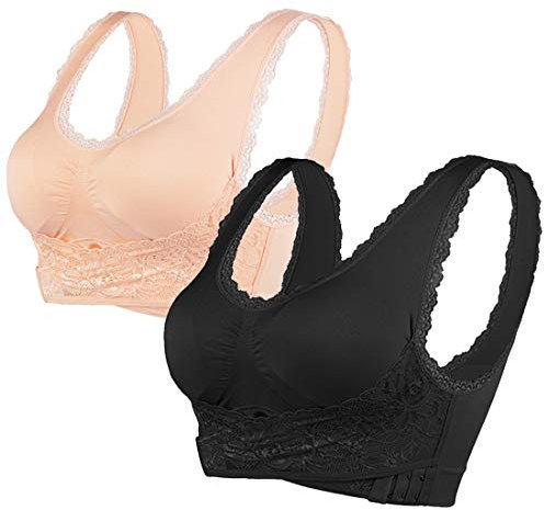 Vertvie Damen Sport BH Spitzen BH Frauen Bustier Lace Bra Dünn Front Closure Push Up Ohne Bügel Top für Yoga Fitness Training Stretch Wohlfühl-BH (XL, B-Schwarz+Hautfarbe)