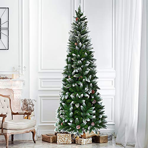 GIANTEX Weihnachtsbaum mit Schnee & Kiefernzapfen, Tannenbaum Künstlich 220cm, Bleistift Weihnachtsbaum schmal, Schneebedeckter Christbaum Christmas Tree, Kunstbaum Weihnachten PVC Nadeln, Klappsystem