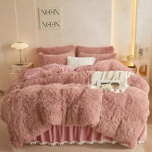 HAIHUA Parure de lit 3 pièces en fausse fourrure douce et pelucheuse avec fermeture éclair pour grand lit (1 housse de couette en peluche + 2 taies d'oreiller à poils hirsutes)
