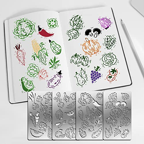 FINGERINSPIRE 4 Stück Gemüse Obst Thema Metall Journal Schablone Metall Malerei Vorlage Edelstahl Multifunktionale Planer Metallschablonen Vorlagen für DIY, Gravieren, Malen, Scrapbooking