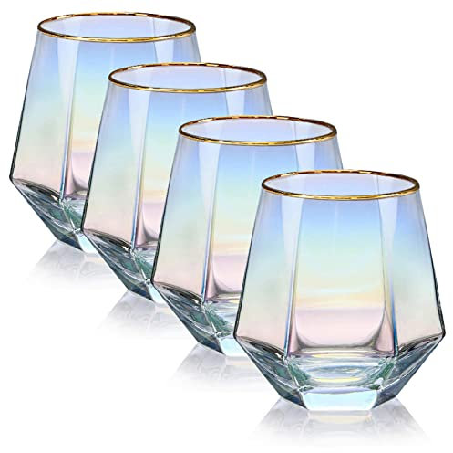 XKXKKE Diamond Wine Glasses Set of 4, 10 OZ Modern Stemless Gold Rim Glass Cups Iridescent Drinking Glassware for Serving Party, Home, Bar, Restaurants, Gift, Rainbow Tumbler, Colorful 4 Pack