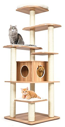 GOPLUS Árbol para Gatos de Madera de XXL 175 CM, Torre para Gatos de 6 Niveles con Poste Rascador de Sisal, Diseño Antivuelco, Cojines Cómodos, 59×49×140CM