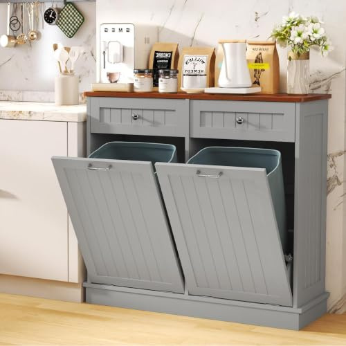 LOUVIXA Tilt Out Trash Can Cabinet with Double Hidden Can Holder, Kitchen Free Standing Recycling Cabinet, Dog Proof, Wood, Gray