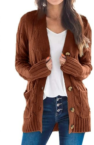 Uusollecy Gilet Long Femme Hiver Chaud De Boutonnage Décontracté Grosse Maille avec Poche Gaufré Cardigan, Brun, XXL