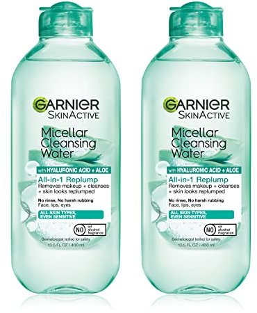 Garnier SkinActive Micellar Water with Hyaluronic Acid, Facial Cleanser & Makeup Remover, 13.5 Fl Oz (400mL), 2 Count (Packaging May Vary)
