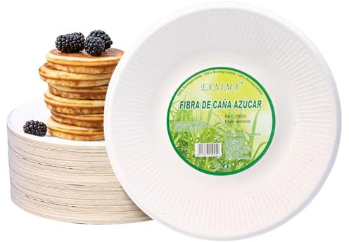 EXNIMA, Pack 50, 100, 200, 500 o 1.000 Platos Desechables Biodegradables, Hechos de Fibra de Caña de Azúcar, Natural, 100% Biodegradable, Redondo, Planos, para Comidas, Barbacoa, Fiestas, Cumpleaños.