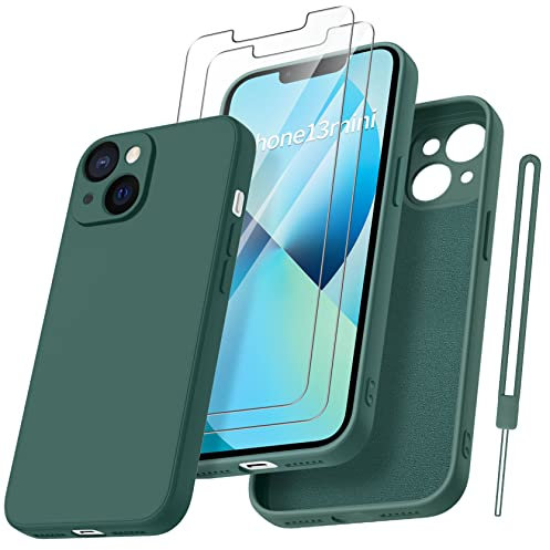 Qasyfanc HandyHülle für iPhone 13 Mini Hülle Silikon case mit 2 Stück Panzerfolie, Ultra Microfiber TPU Flüssig silikon mit Kameraschutz Kratzfeste Rundumschutz Schutzhülle 5.4'' (Dunkelgrün)