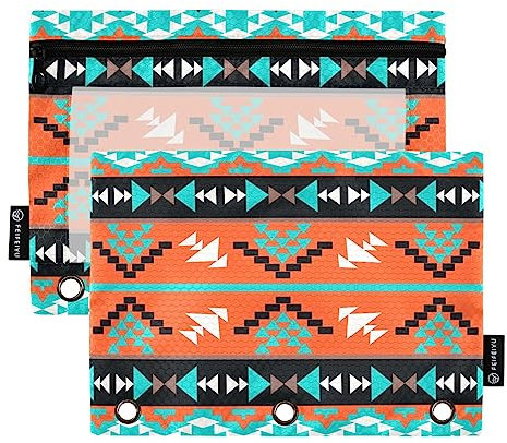 Quteprint Ethnic Trippy Aztec Geometric Pencil Pouch for 3 Ring Binder, 2 Pack Zipper Pencil Case with Clear Window, Pencil Bags Binder Pockets Organizer Case for Office Home Makeup Supplies