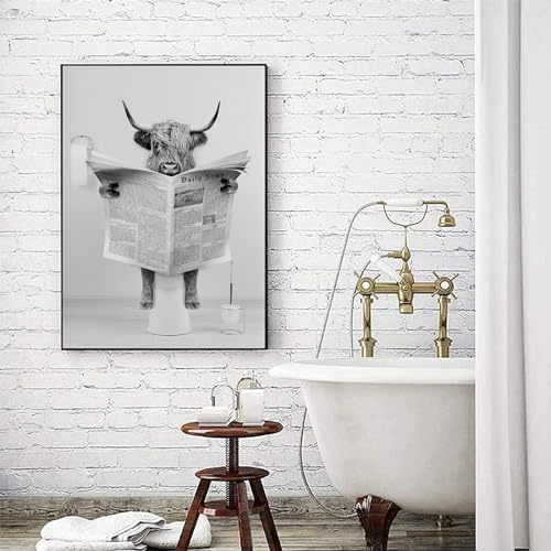 LYBOHO Schwarz Weiß Schottische Hochlandrind Badezimmer Bilder Lustige Tier in der Badewanne Leinwand Poster für Wohnzimmer Badezimmer Schlafzimmer Deko-Rahmenlos (1Stück-50cm X 70cm,GDN1)