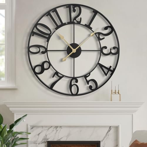 HAITANG Modern Large Wall Clocks for Living Room, 40cm / 16 Round Black Metal Silent Non Ticking Battery Operated Arabic Numerals Clock for Farmhouse, Bedroom,Kitchen,Office,Classroom Home Decor