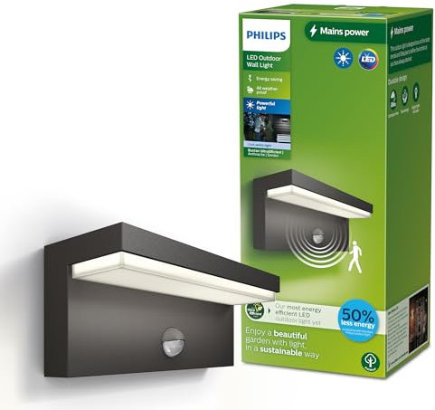 Philips Lighting Bustan UltraEfficient Outdoor Wall Light, 3.8W 4000K Cool wehite Light, Antracite, Motion Sensor, IP44 Weatherproof