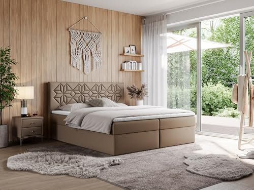 MKS MEBLE Boxspringbett 140x200 mit Matratze H3 und Bettkasten, Doppelbett Bett mit Stauraum und Topper, Polsterbett 140x200 mit Kopfteil - Leila - Braun Kunstleder - H3