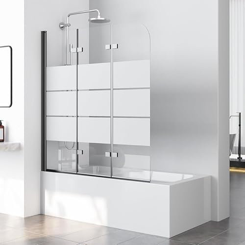 WOWINNE Duschwand für Badewanne Gestreift, Duschwand 140x140cm Gestreift Schwarz 3-teilig Faltbar Duschabtrennung Badewanne mit 6mm NANO ESG-Glas
