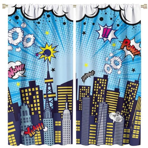 COALHO Modern Graffiti Superhero Theme Curtains Cool Teen Cartoon Comic Style City Superhero Print Window Drapes Blackout Curtains Thermal Insulated Rod Pocket Curtain-2 Panels 45 L x 21 W