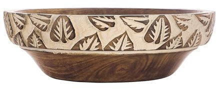 Divit Shilp Plateau en Bois Naturel, Bol de Service pour la Salade, Les légumes et Les Fruits, Grand Plateau Profond pour la Famille et la fête.… (Bowl with Leaf Carving)