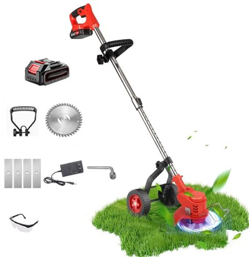 HmLotd Désherbeur électrique sans Fil, débroussailleuse 3 en 1, Tondeuse à Gazon légère avec 3 Types de Lames et 2 Piles Rechargeables de 2 Ah alimentées pour Jardin et Cour