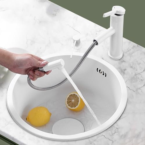 Fregadero de cocina redondo blanco para renovación de cocina, piscina, mini bar, acero inoxidable 304, fregadero individual redondo con grifo (32 x 32 cm)