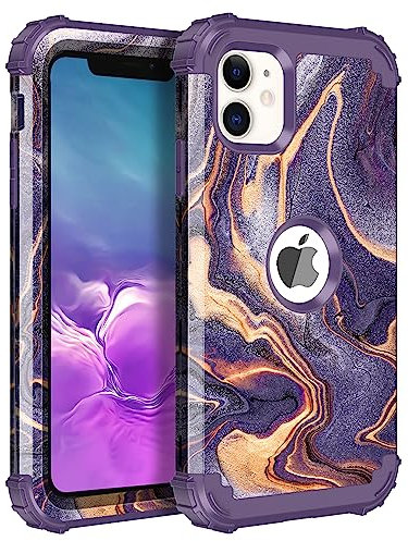 Petocase for iPhone 11 Case 3 in 1 Heavy Duty Hybrid Sturdy High Impact Shockproof Rugged Full Body Protective Hard PC+Soft TPU Bumper Cover Case for Apple iPhone 11 6.1 inch,Purple Marble