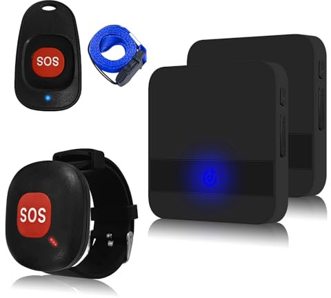 ALEENFOON Notrufknopf für Senioren, Wireless Alarm Armband Notfallarmband mit 52 Klingeltöne, Notrufknopf für Senioren Plug-in Hausnotruf Panikalarm Funkalarm für Pflegebedürftige (2 to 2 Schwarz)